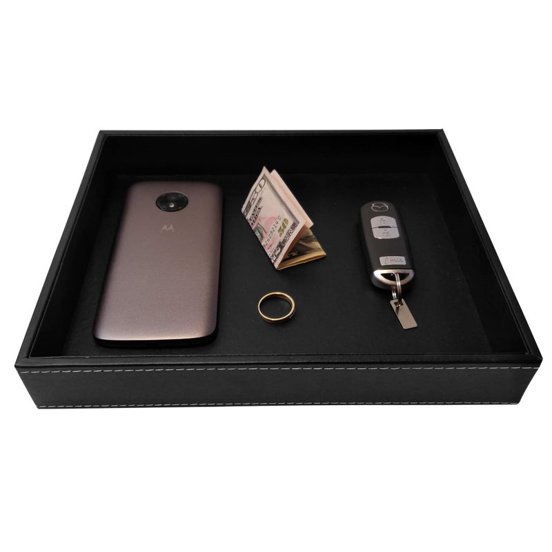 ULTRAY, Valet Tray, Desk Tray, Key Bowl, Nightstand Organizer for Men, Black PU Leather, 10.3 x 8.3 x 1.6 inches - Image 1
